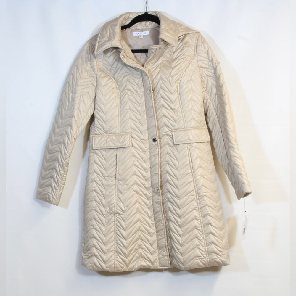 Via Spiga Stone Colored Zigzag Quilted Hooded Jacket Women - Picture 12 of 12